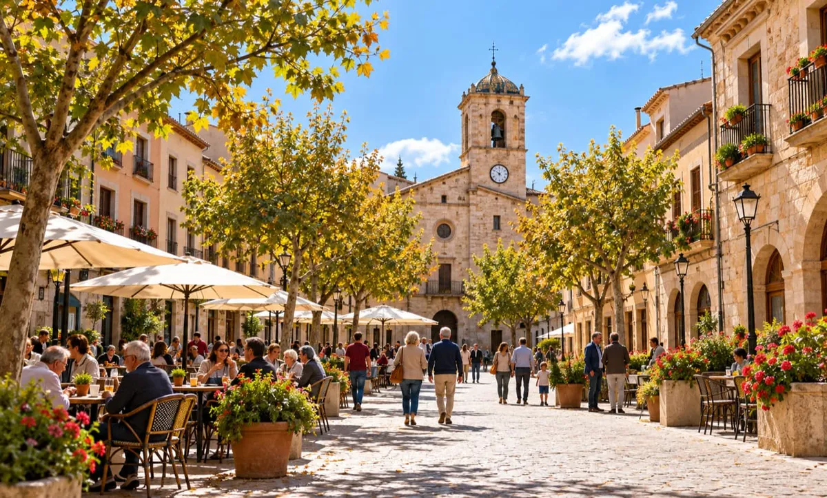 Plaça d’un poble amb terrasses, arbres i el campanar al fons